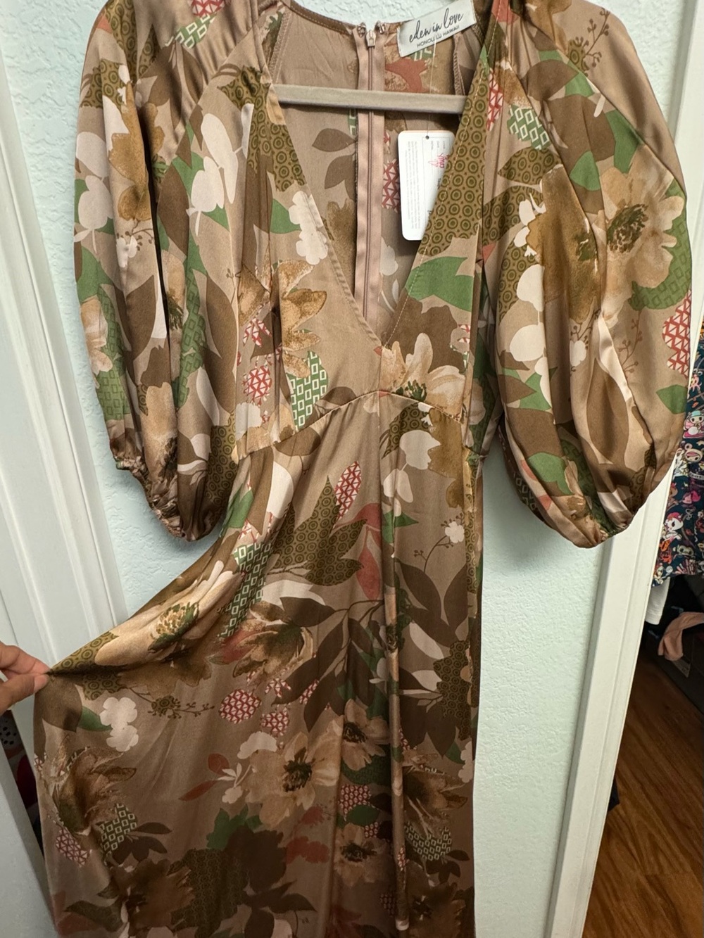 Floral V-Neck Midi Dress in Beige and Green by Altar'd State